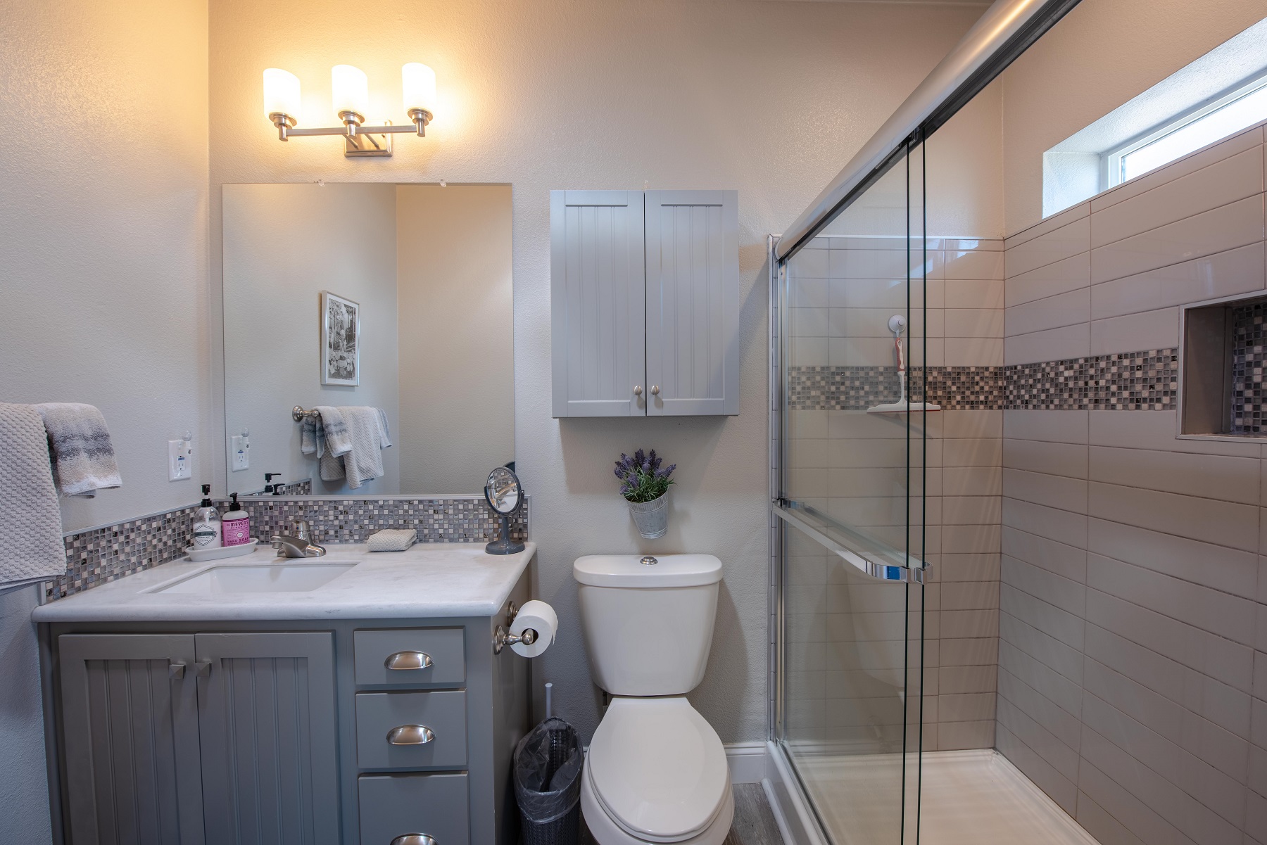 Master en suite with single vanity and large walk-in shower