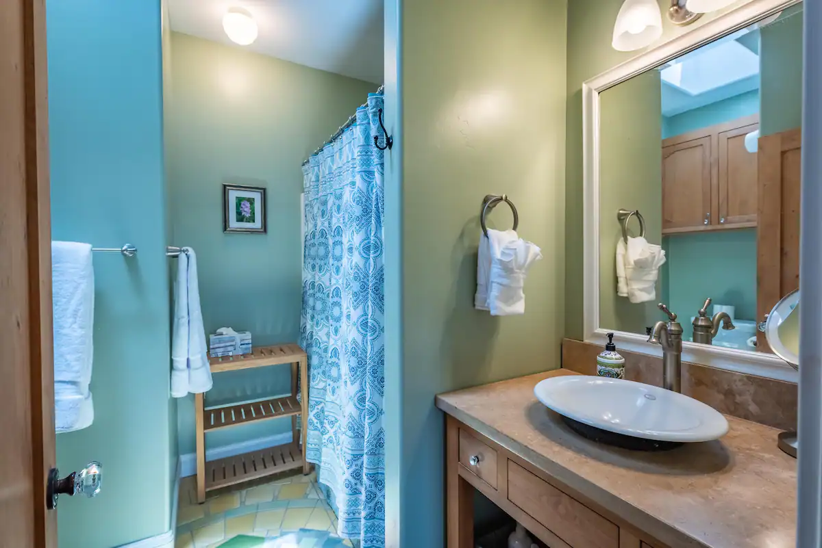 Master en suite bath with single vanity, tub/shower combo.